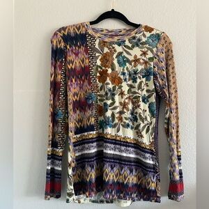 Johnny Was T Shirt Long Sleeve Crewneck Artsy Colorful Boho